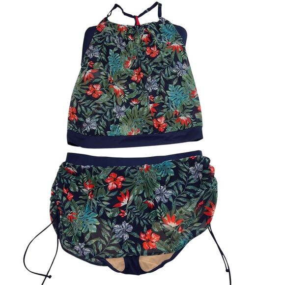 Cacique Swim Tankini Plus Size 22W Navy Floral Racerback Tank Skort Ruching Pool - Picture 1 of 15